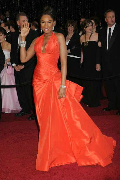 Jennifer Hudson 2011 Sexy V Neck Orange Red Oscar Taffeta Red Carpet Evening Formal Gown