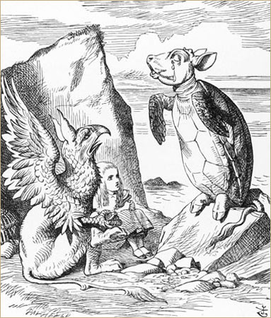 alice-with-the-mock-turtle-and-the-gryphon-illustration-by-john-tenniel-in-alices-adventures-in-wonderland-1932-edition-copy-mary-evans-picture-li